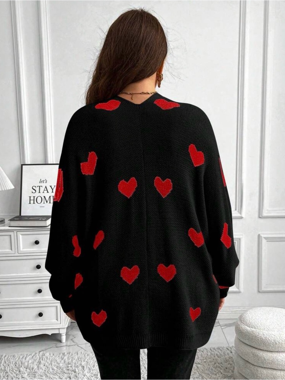 SHEINCurve Black Open-Front Cardigan with Red Heart Motif - Picture 2 of 7